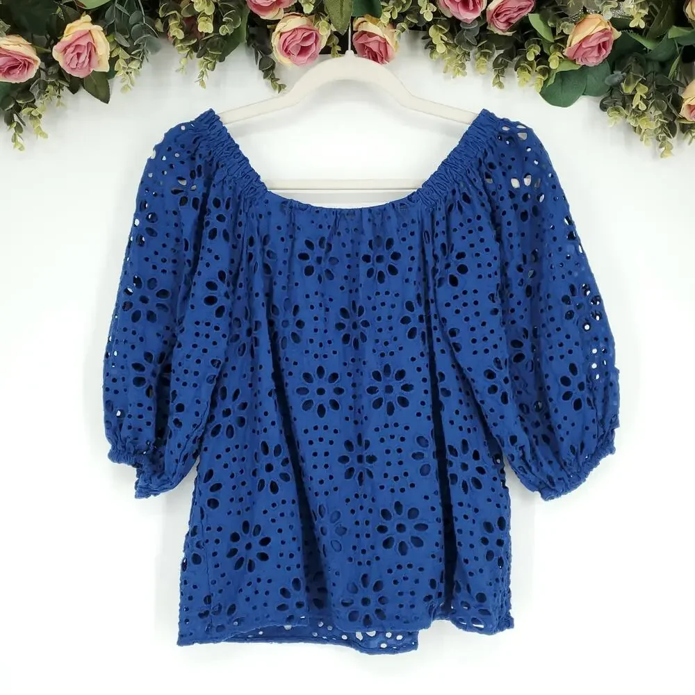 Lilly Pulitzer Kerrigan Elbow Sleeve Funflower Navy Eyelet Top Size XS